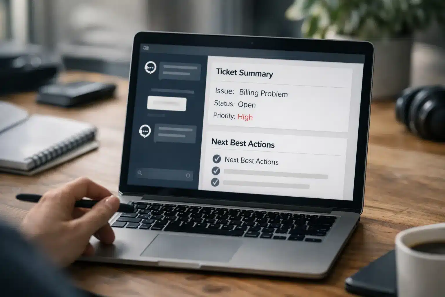 Beispiel-Interface für chatbots im kundenservice mit Ticket-Zusammenfassung und Next-Best-Action