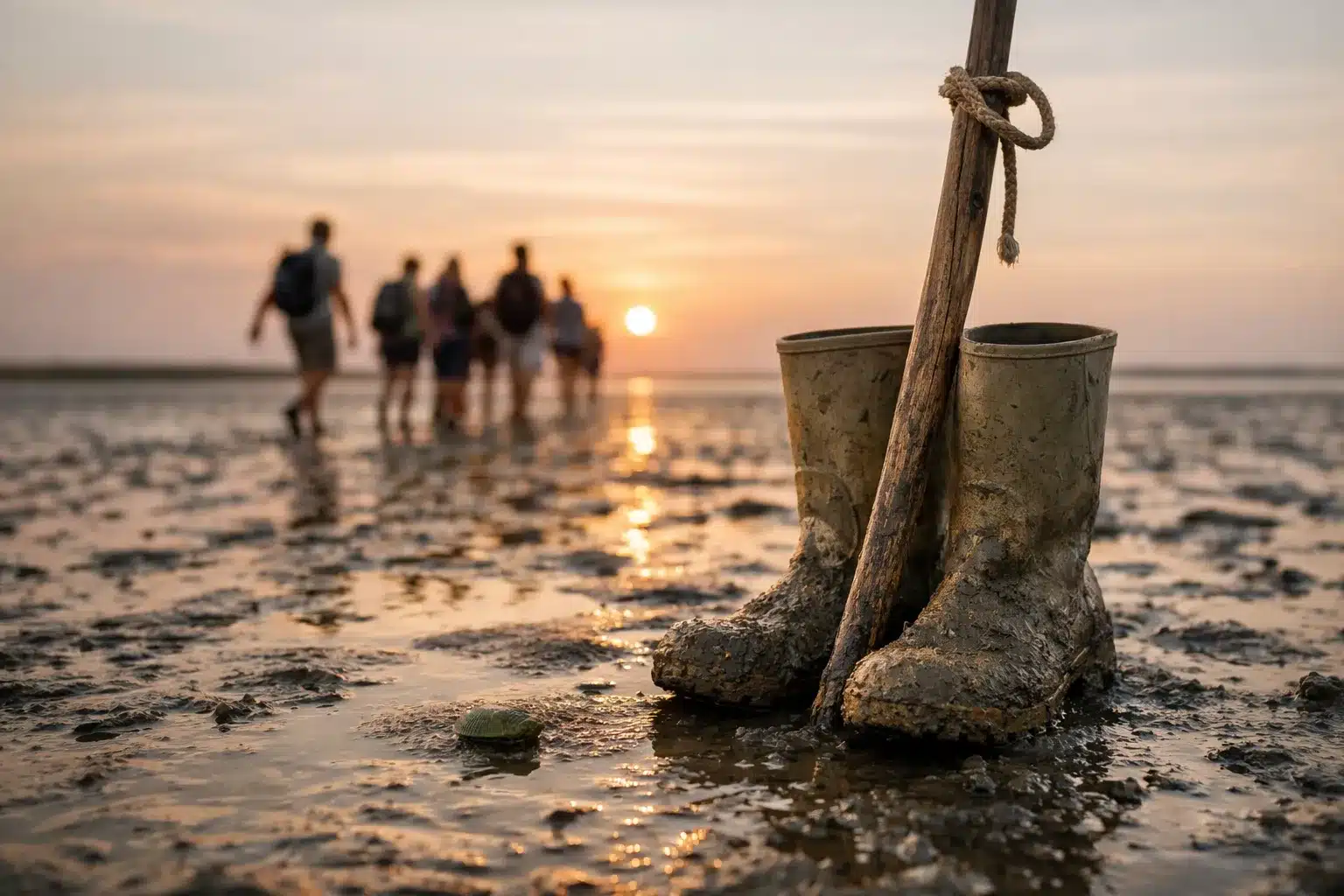 kurztrip nordsee bei einer Wattwanderung im Abendlicht