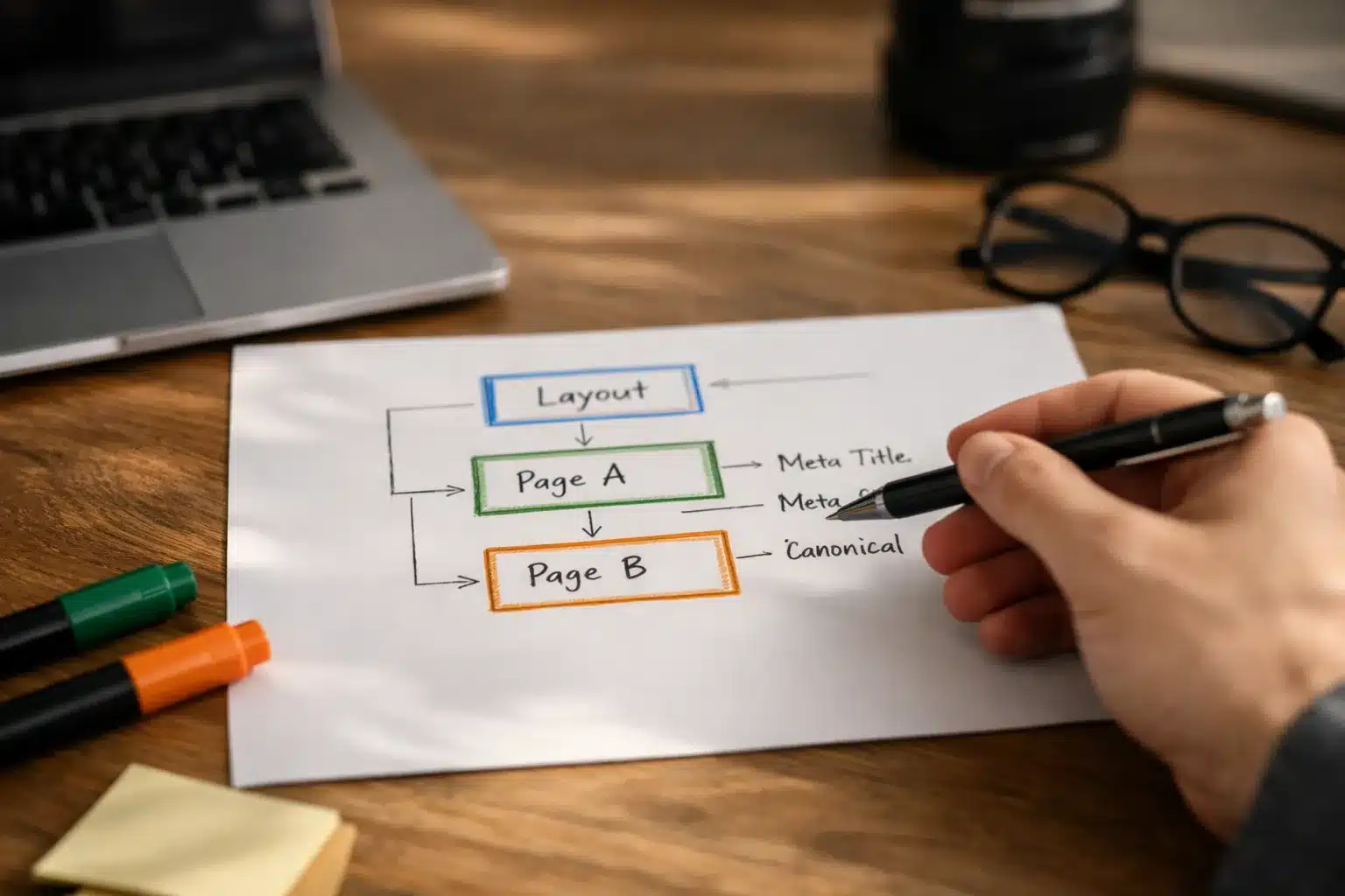 Diagramm: app router seo next.js zeigt Vererbung von Metadata im Layout und in Seiten