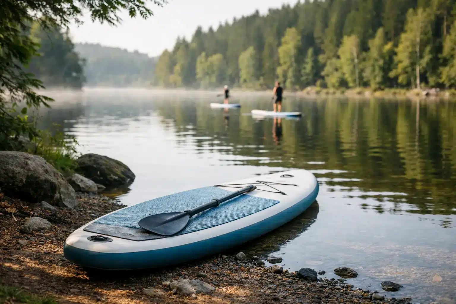 naturerlebnisse in deutschland am ruhigen See mit SUP und Uferwald