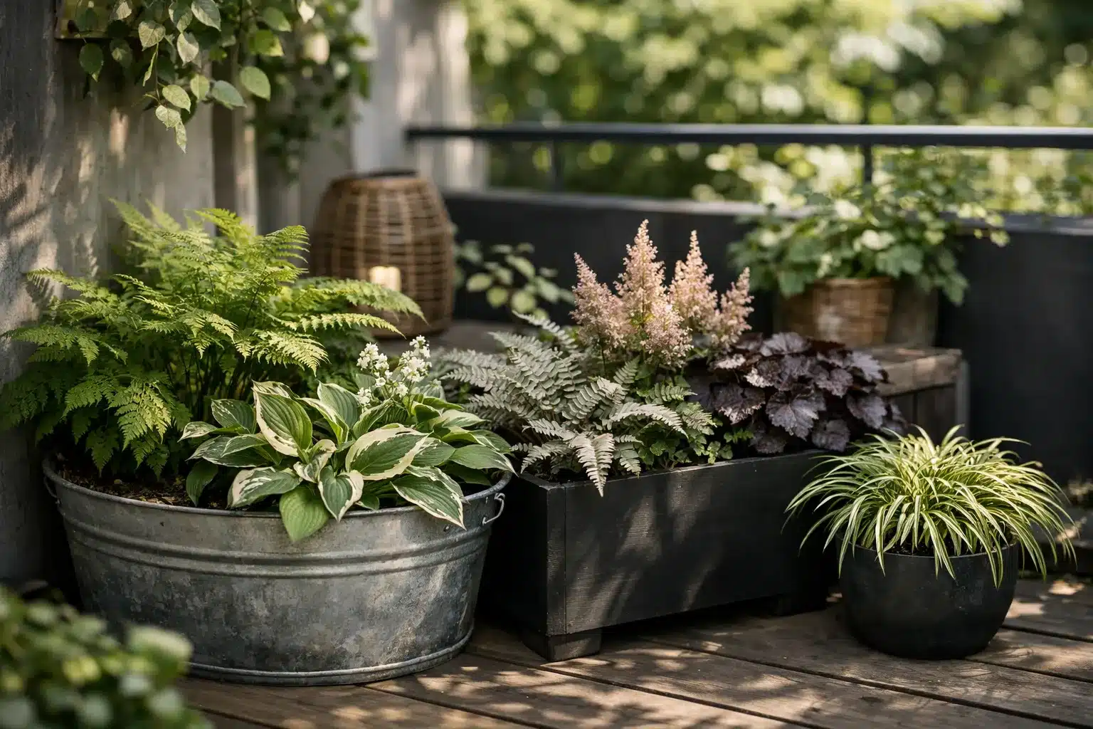 Kübel und Kästen mit Pflanzen für Schatten auf einem Balkon