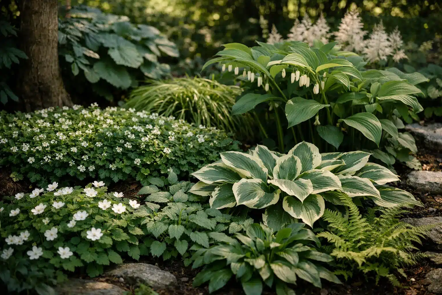 Schichtenpflanzung mit schattenverträgliche pflanzen als Bodendecker und Strukturgeber