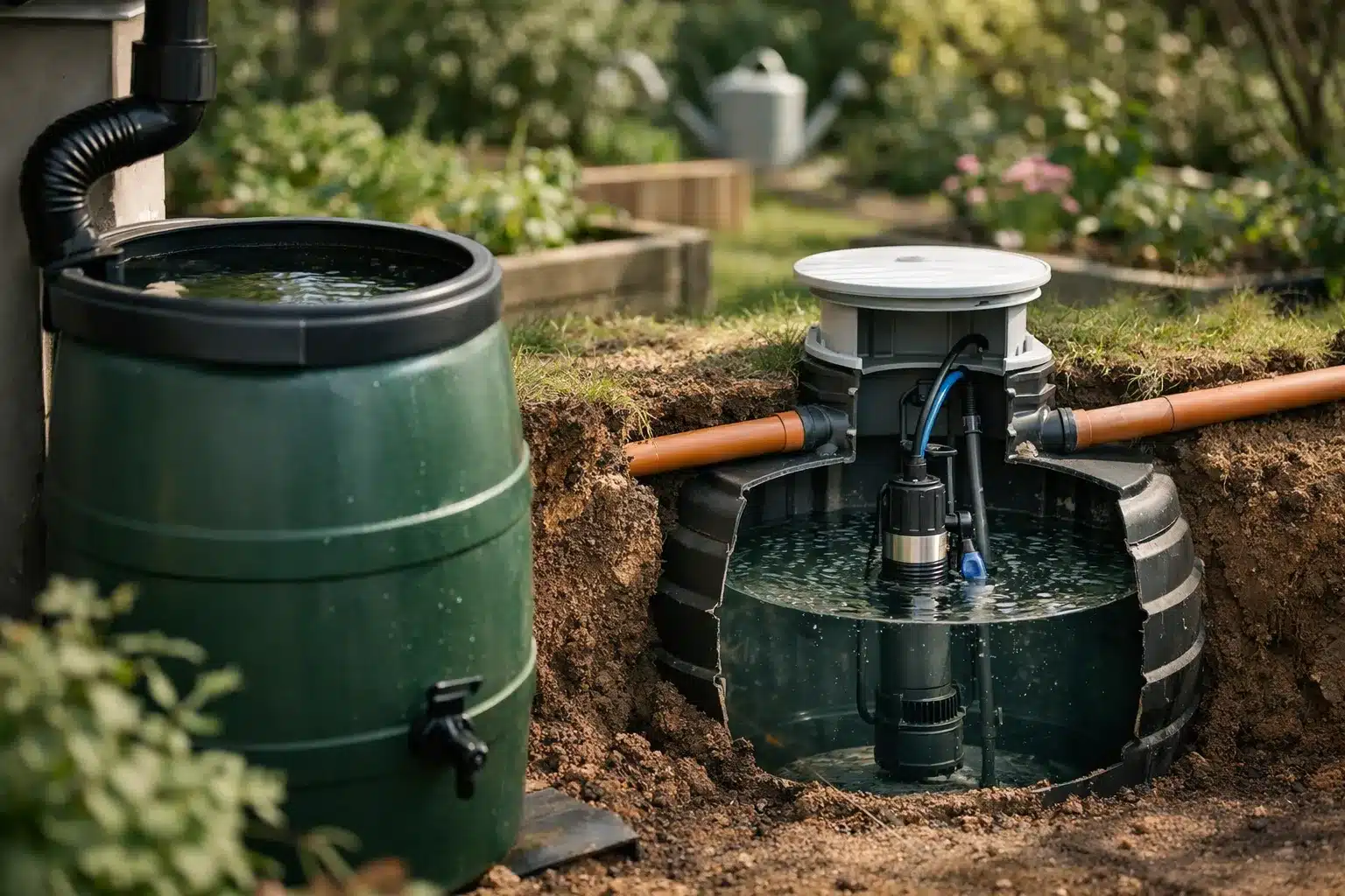 Schnittzeichnung: Regentonne und Zisterne, Speicheroptionen zum Regenwasser nutzen Garten