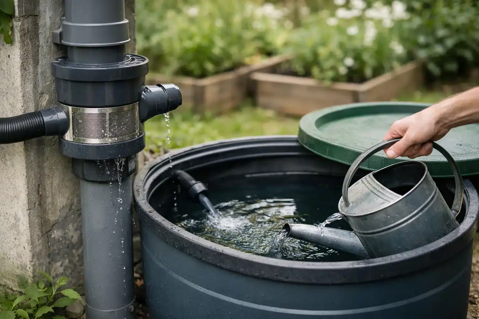 Schema einer regenwassernutzung im garten mit Fallrohrfilter, beruhigtem Zulauf und Entnahme