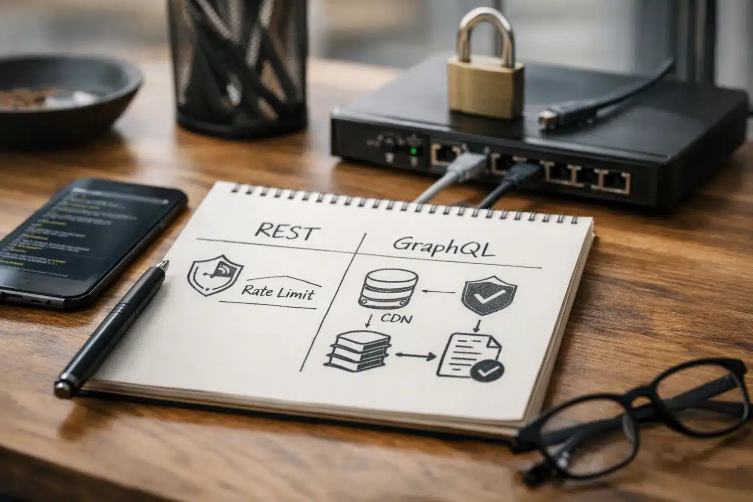 Skizze: rest vs graphql sicherheit mit Rate Limits, Persisted Queries und CDN Ebenen