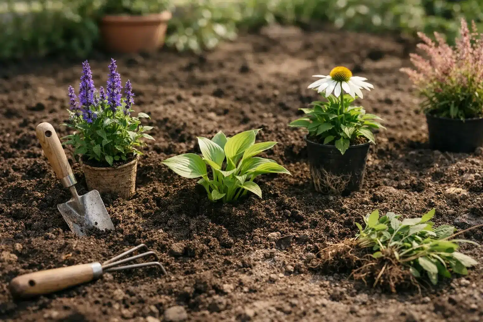 Stauden pflanzen im vorbereiteten Beet mit lockerer Erde