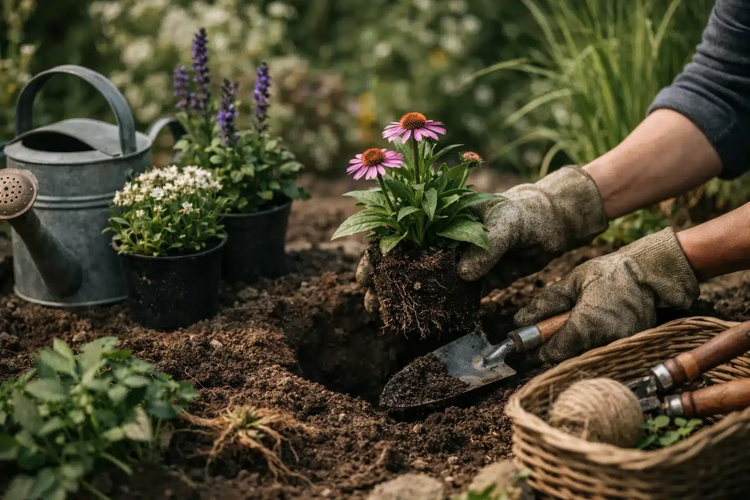 Stauden ins Beet setzen und später pflegen im eingewachsenen Garten