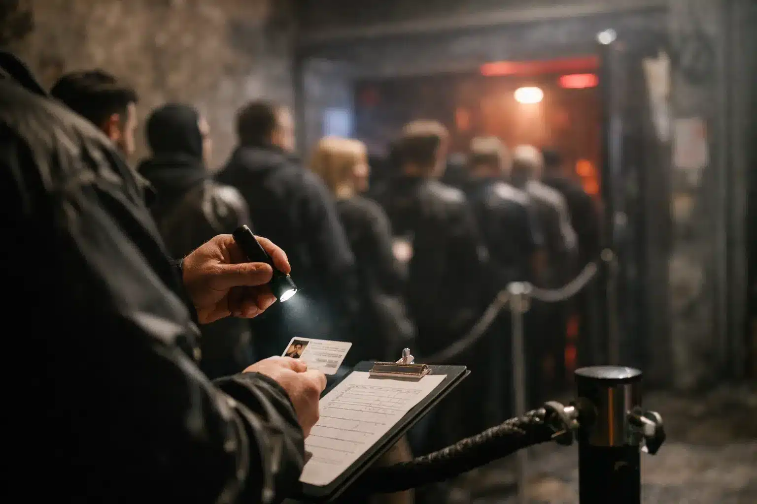 Warteschlange und Eingangsszene in Techno Clubs Berlin bei Nacht