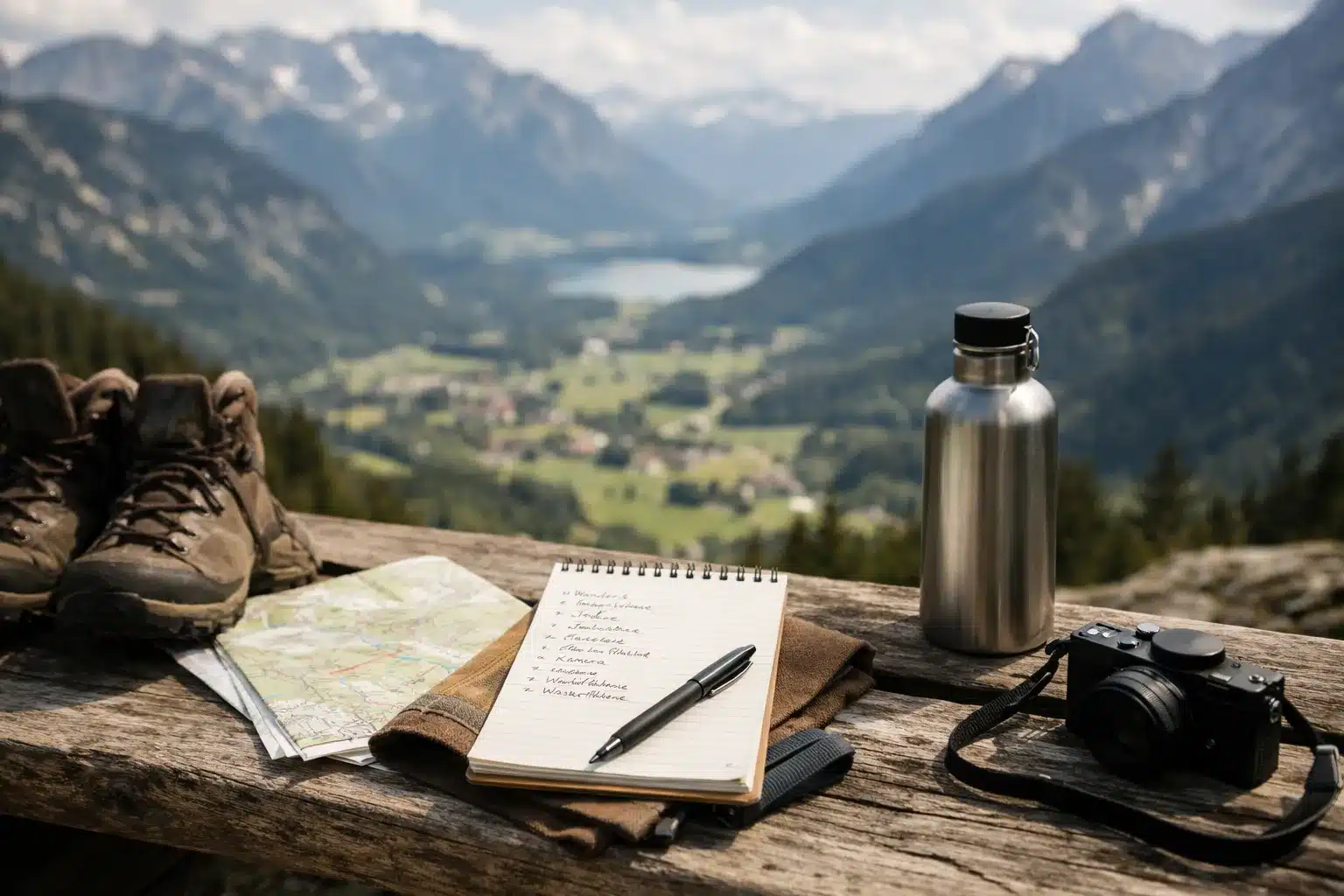 Packliste und Blick aufs Tal für eine wochenendreise bayern alpen