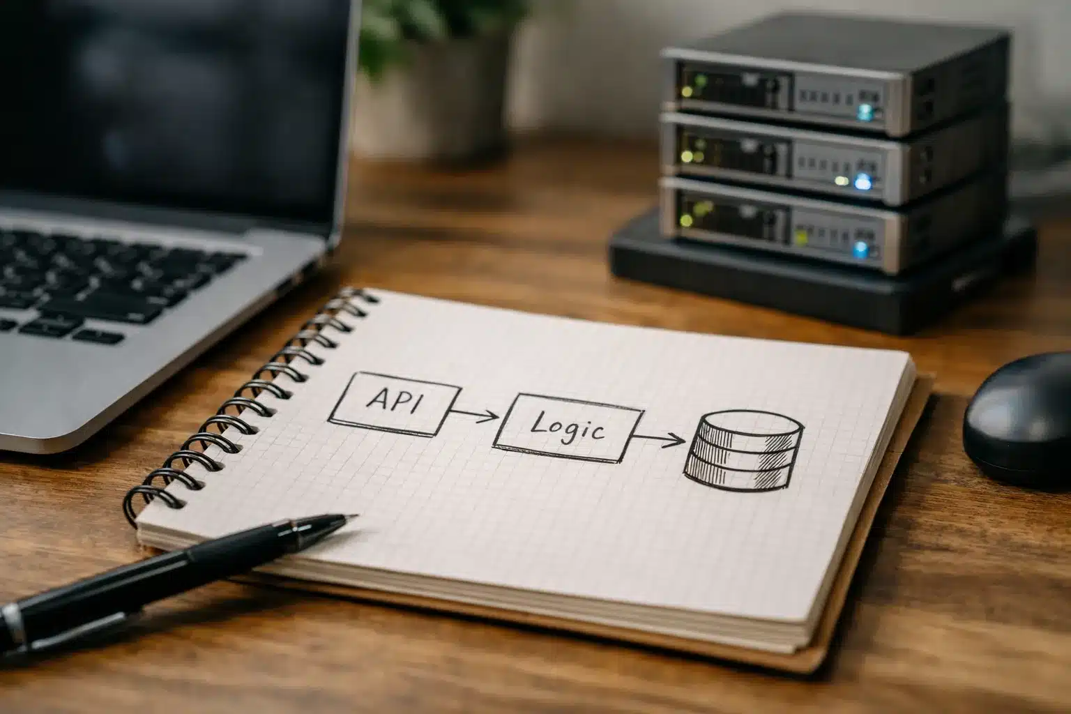 Skizze für backend einfach erklärt mit API, Logik und Datenbank
