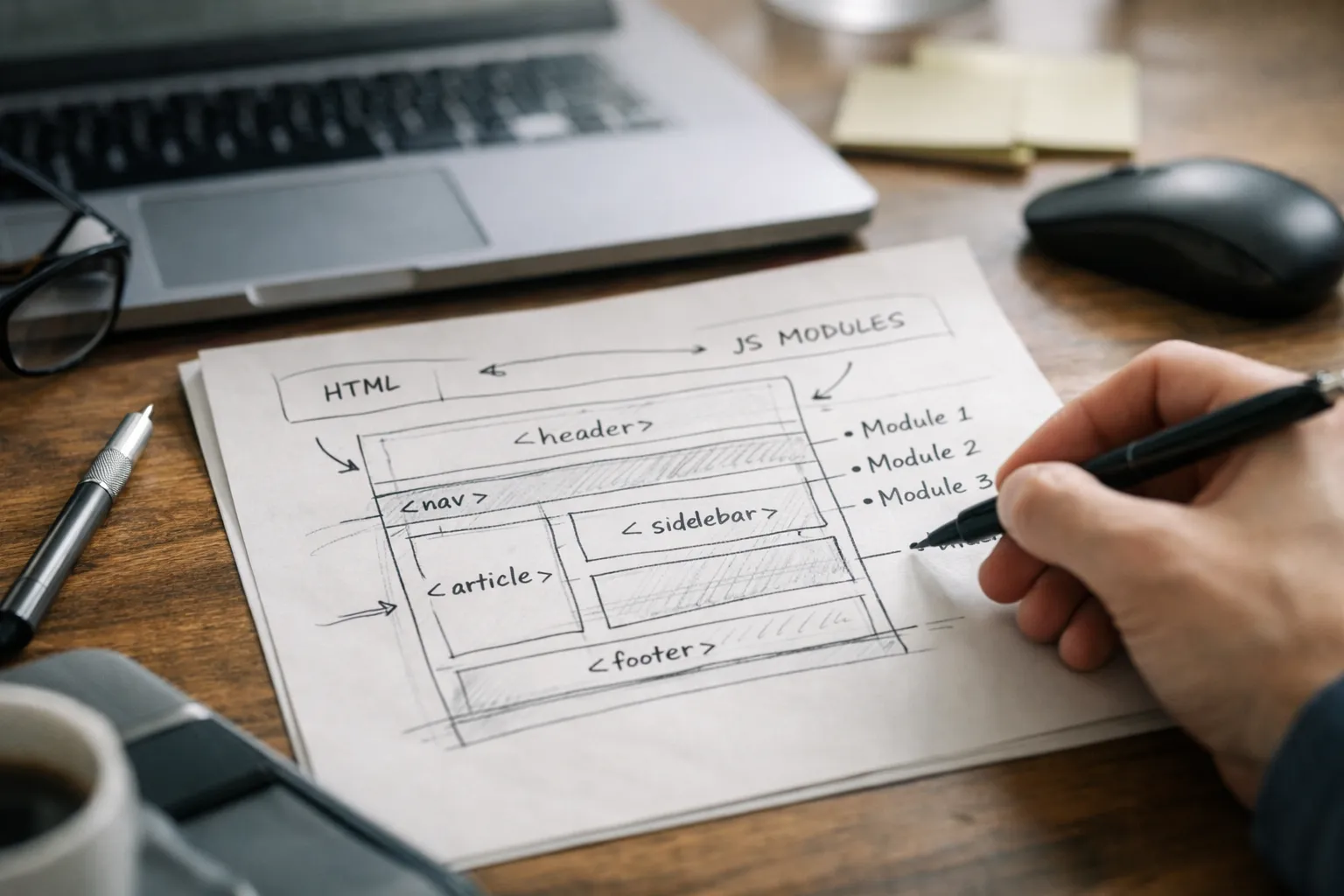 Skizze für saubere webentwicklung mit semantischem HTML und klaren JavaScript Modulen
