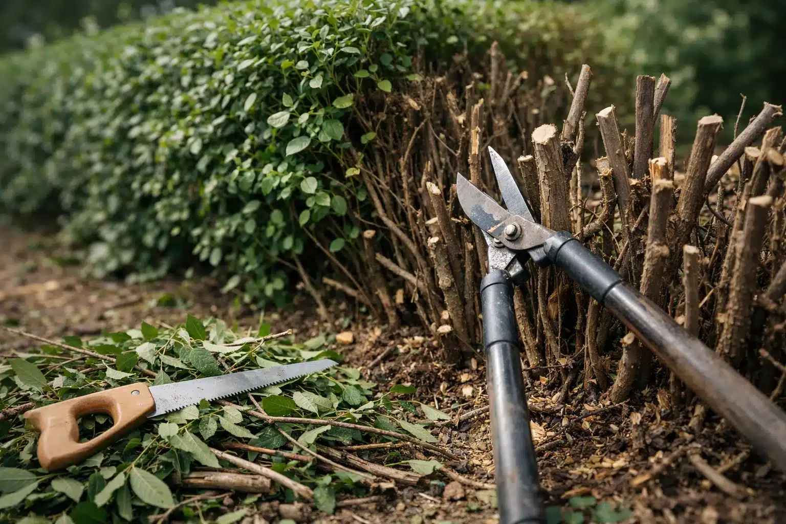 Verjüngungsschnitt der Hecke an einer älteren Ligusterreihe