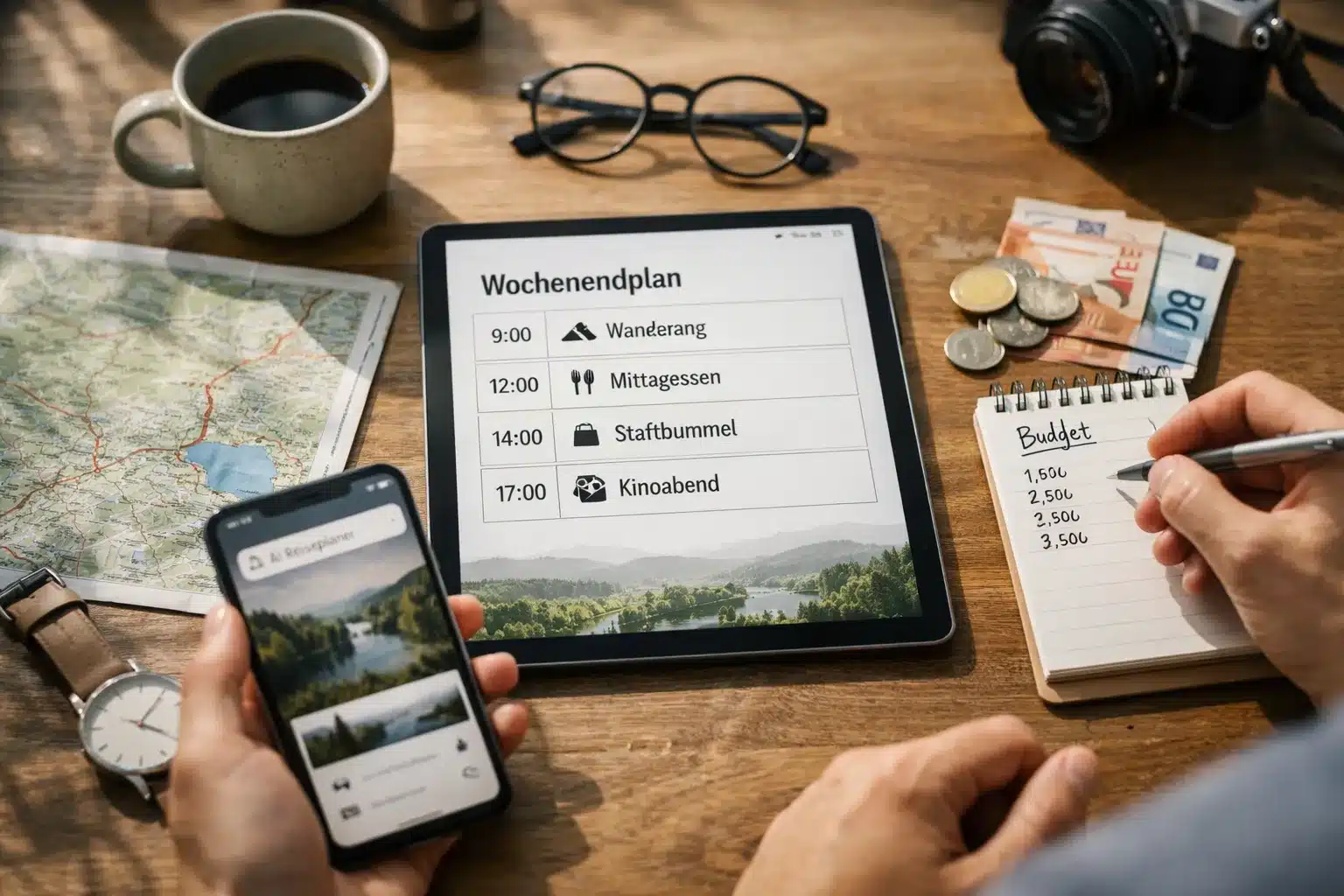 AI Freizeit Planung als Wochenendübersicht mit Zeiten, Karte und Budget