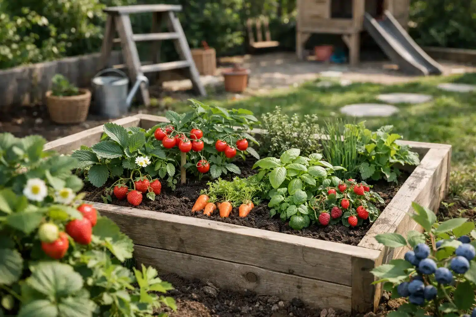 Garten für Kinder mit Naschbeet, Kräutern und niedrigen Beerensträuchern