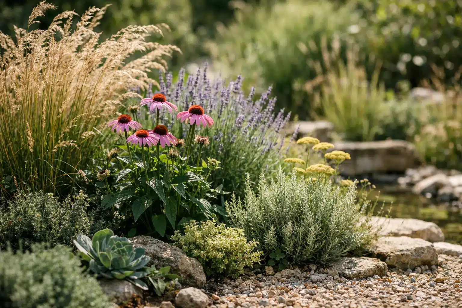 Pflanzidee für Garten im Klimawandel mit Stauden, Kräutern und Gräsern