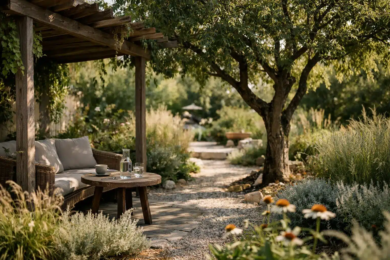 Klimaangepasster Garten mit Pergola, Baum und schattigem Sitzplatz