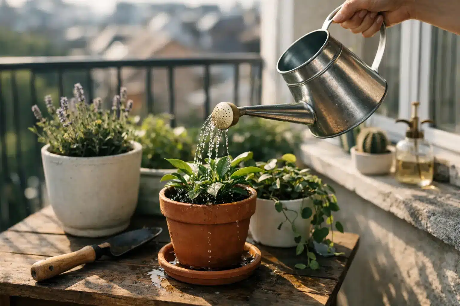 Pflanzen richtig gießen am Morgen auf Balkon und Fensterbank