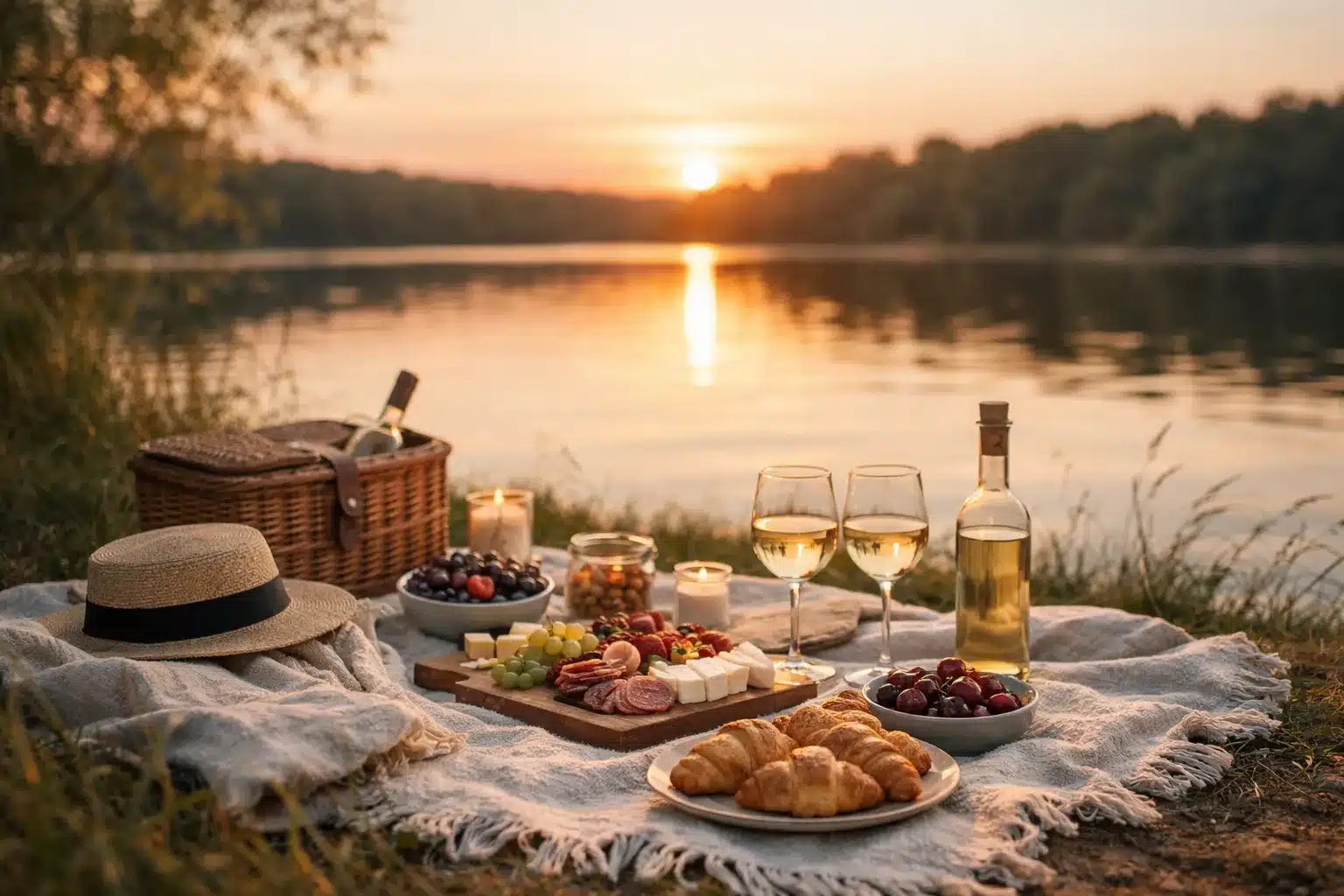Picknick Inspiration Sommer am See bei Sonnenuntergang