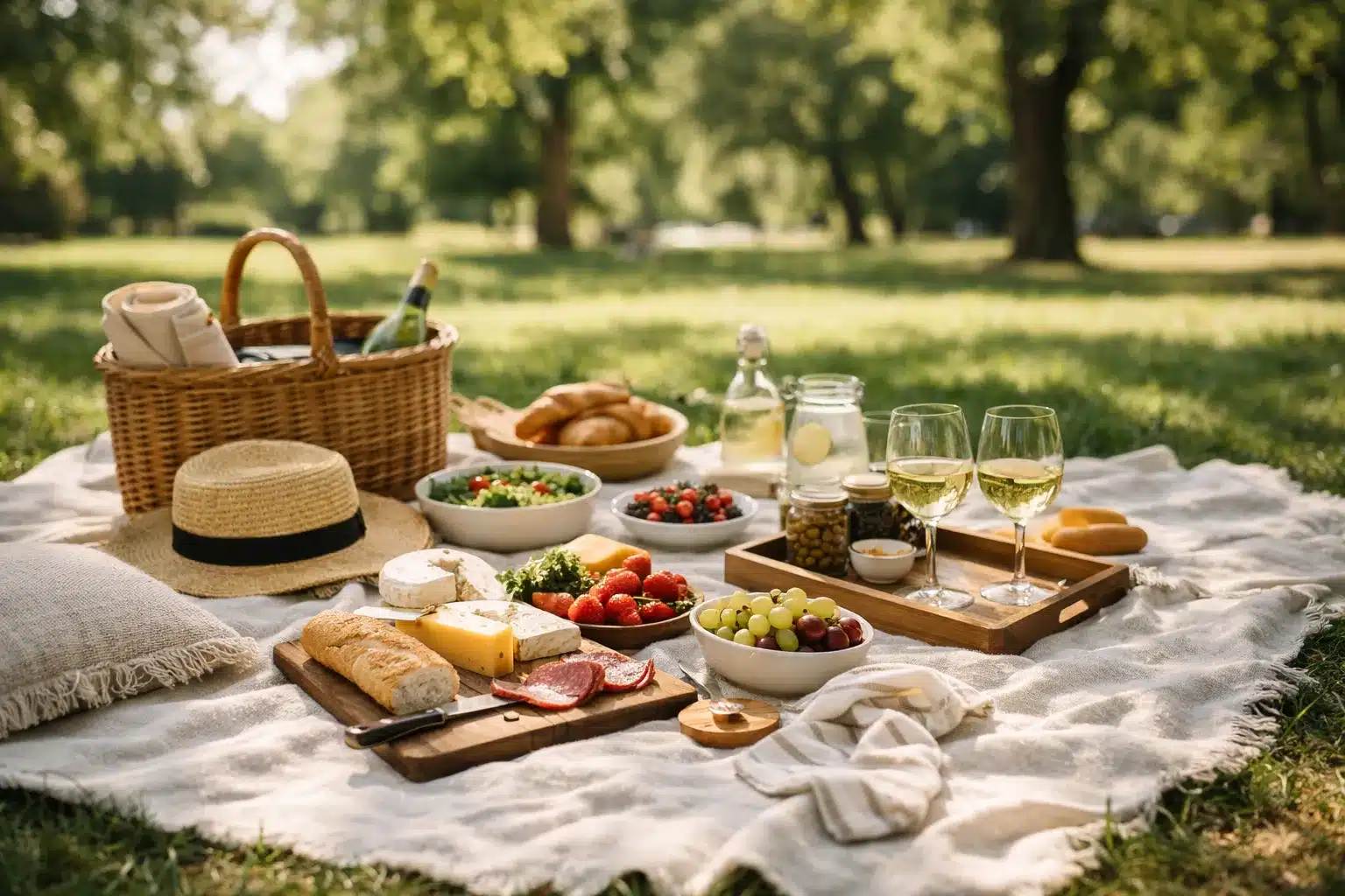 Picknick Ideen Sommer für Date und Familie auf großer Decke